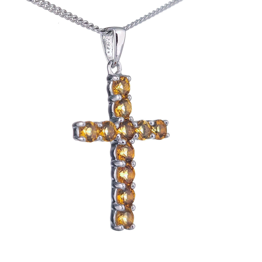 Citrine Necklace 1.1ct Yellow Cross Pendant Sterling Silver November Birthstone