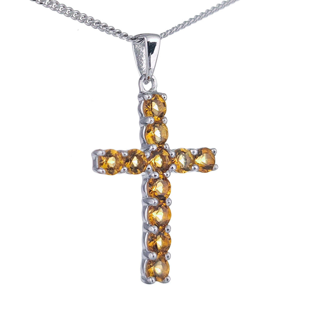 Citrine Necklace 1.1ct Yellow Cross Pendant Sterling Silver November Birthstone