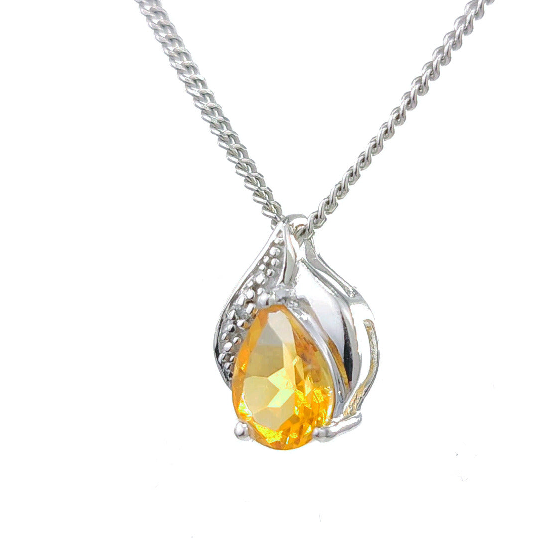 Citrine Necklace Diamond 0.65ct Yellow Pendant Sterling Silver November Birthstone