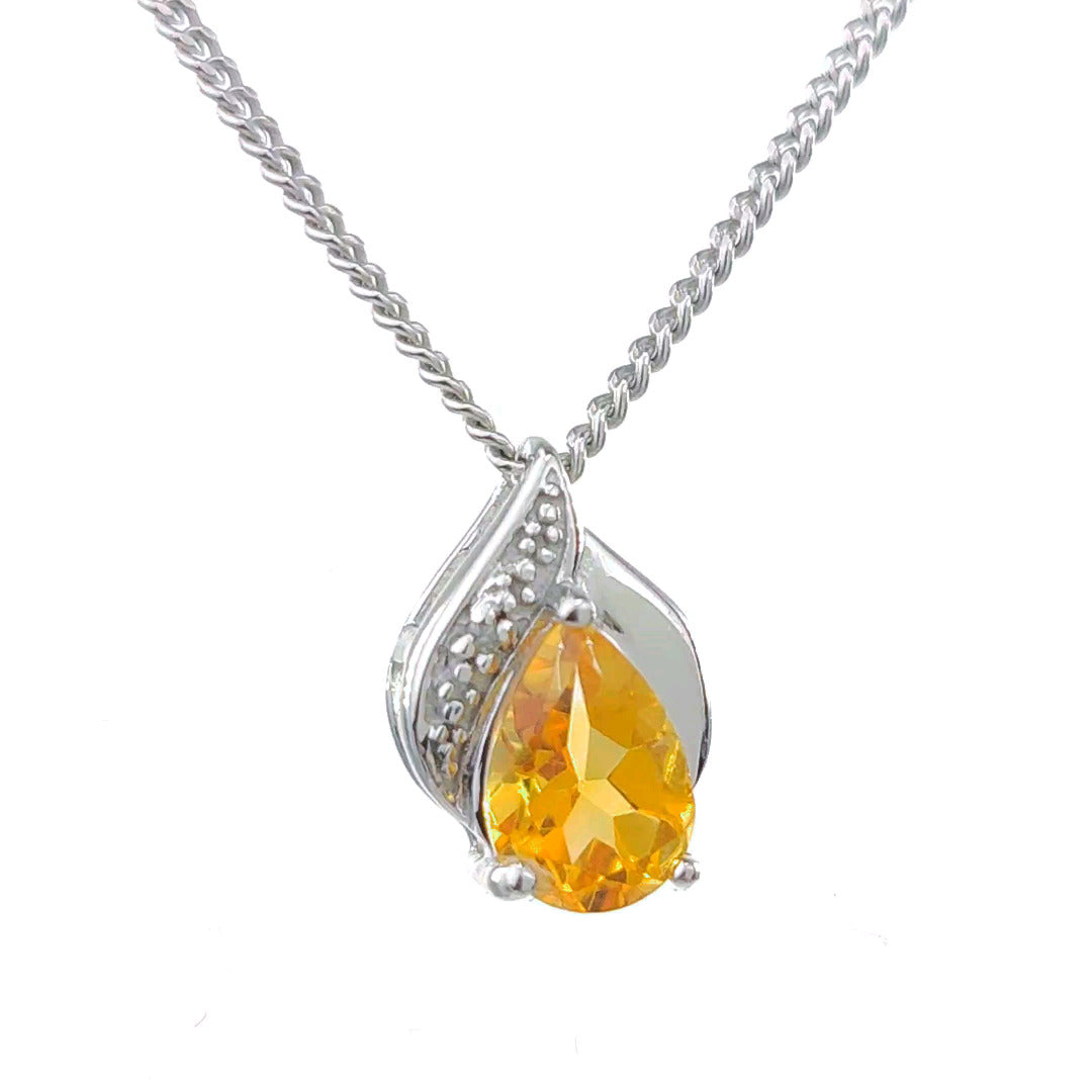 Citrine Necklace Diamond 0.65ct Yellow Pendant Sterling Silver November Birthstone