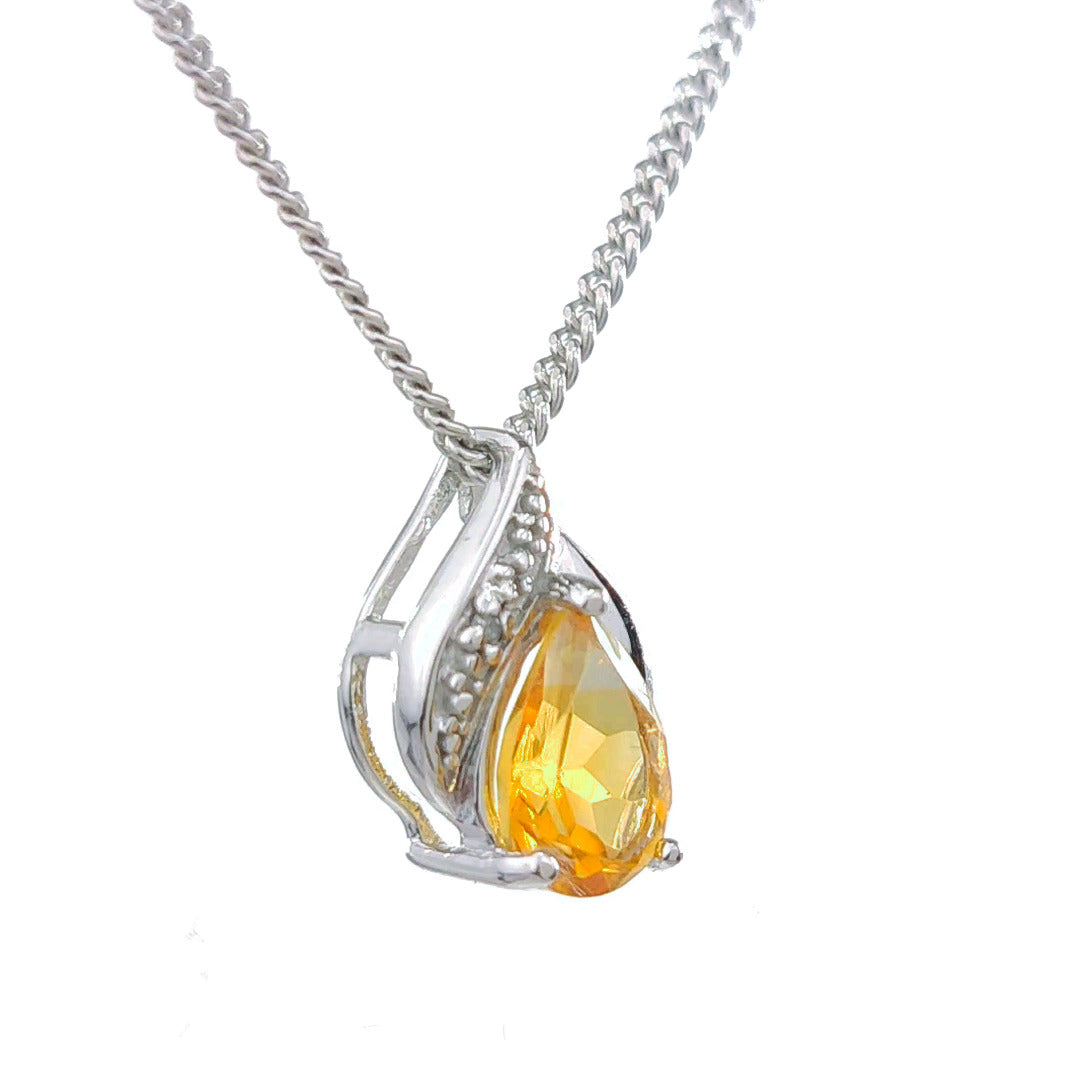 Citrine Necklace Diamond 0.65ct Yellow Pendant Sterling Silver November Birthstone