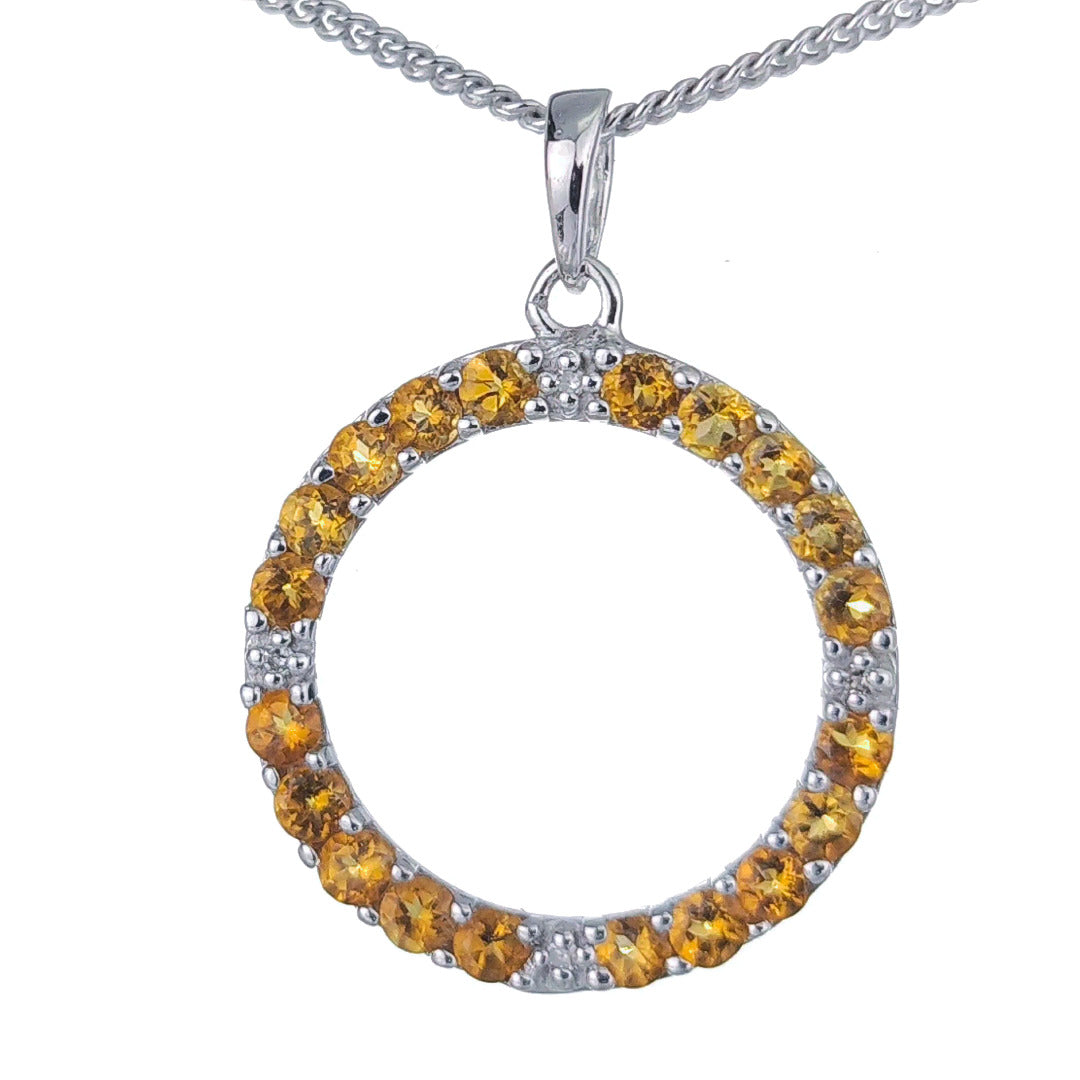 Citrine Necklace Diamond 0.8ct Yellow Circle Pendant Sterling Silver November Birthstone