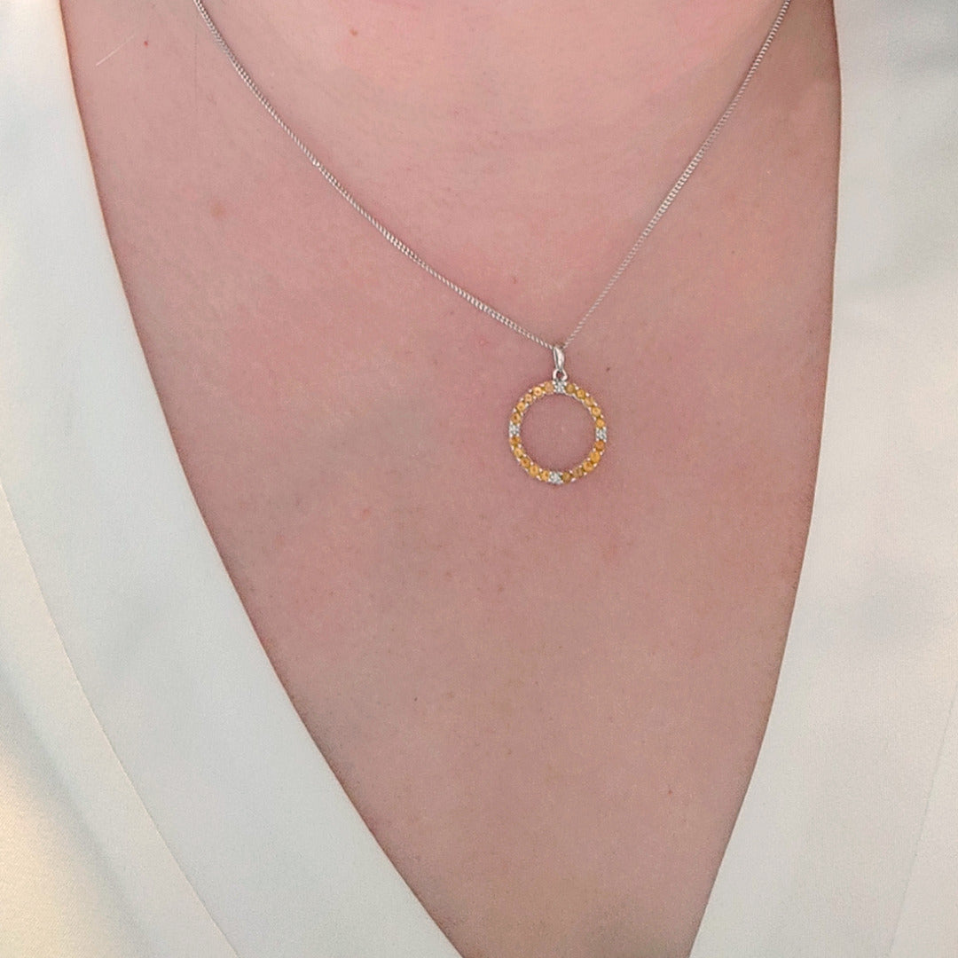 Citrine Necklace Diamond 0.8ct Yellow Circle Pendant Sterling Silver November Birthstone