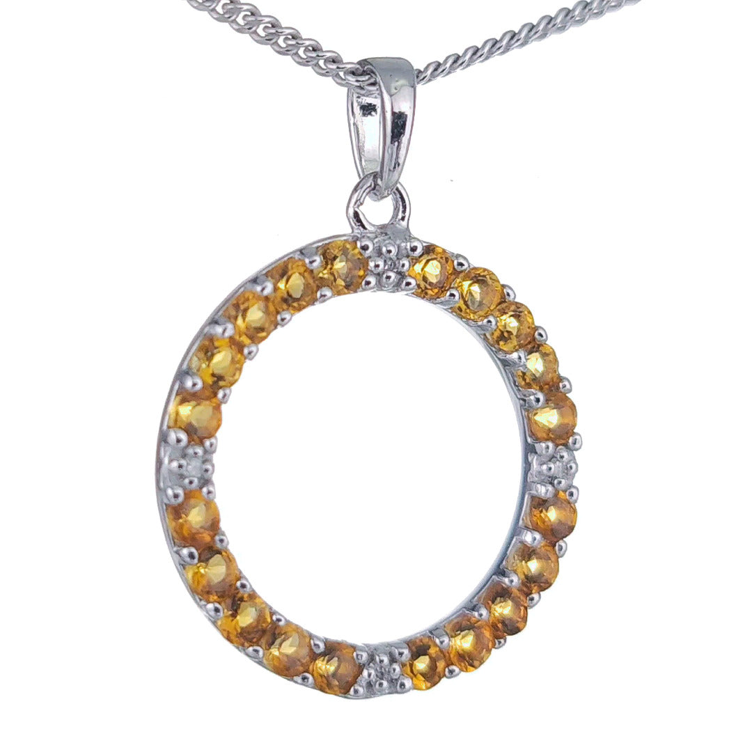 Citrine Necklace Diamond 0.8ct Yellow Circle Pendant Sterling Silver November Birthstone