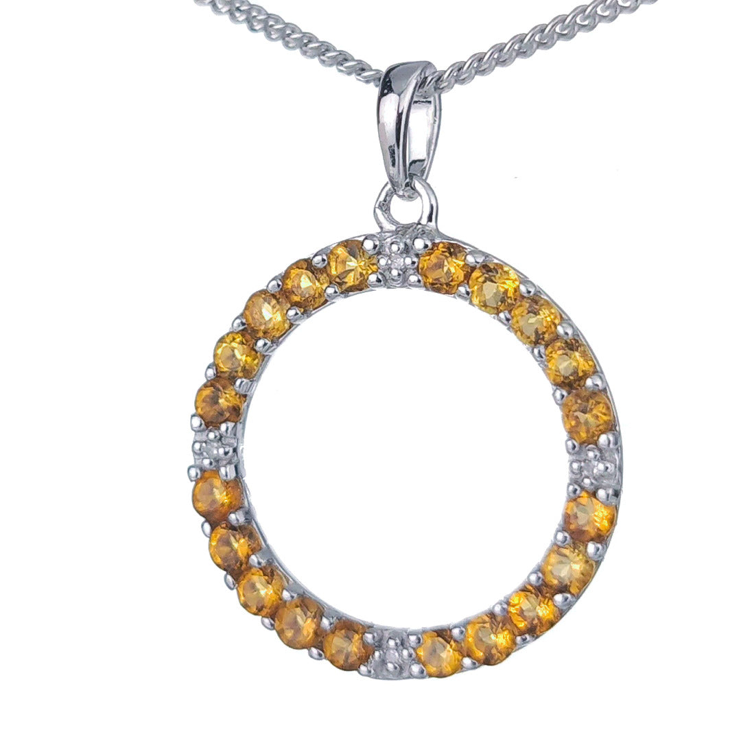 Citrine Necklace Diamond 0.8ct Yellow Circle Pendant Sterling Silver November Birthstone