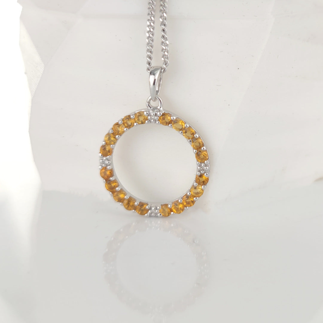 Citrine Necklace Diamond 0.8ct Yellow Circle Pendant Sterling Silver November Birthstone