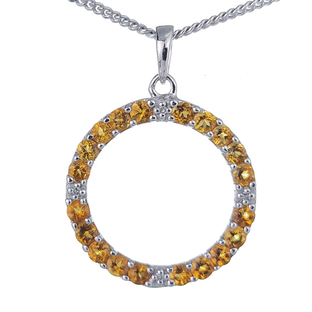 Citrine Necklace Diamond 0.8ct Yellow Circle Pendant Sterling Silver November Birthstone