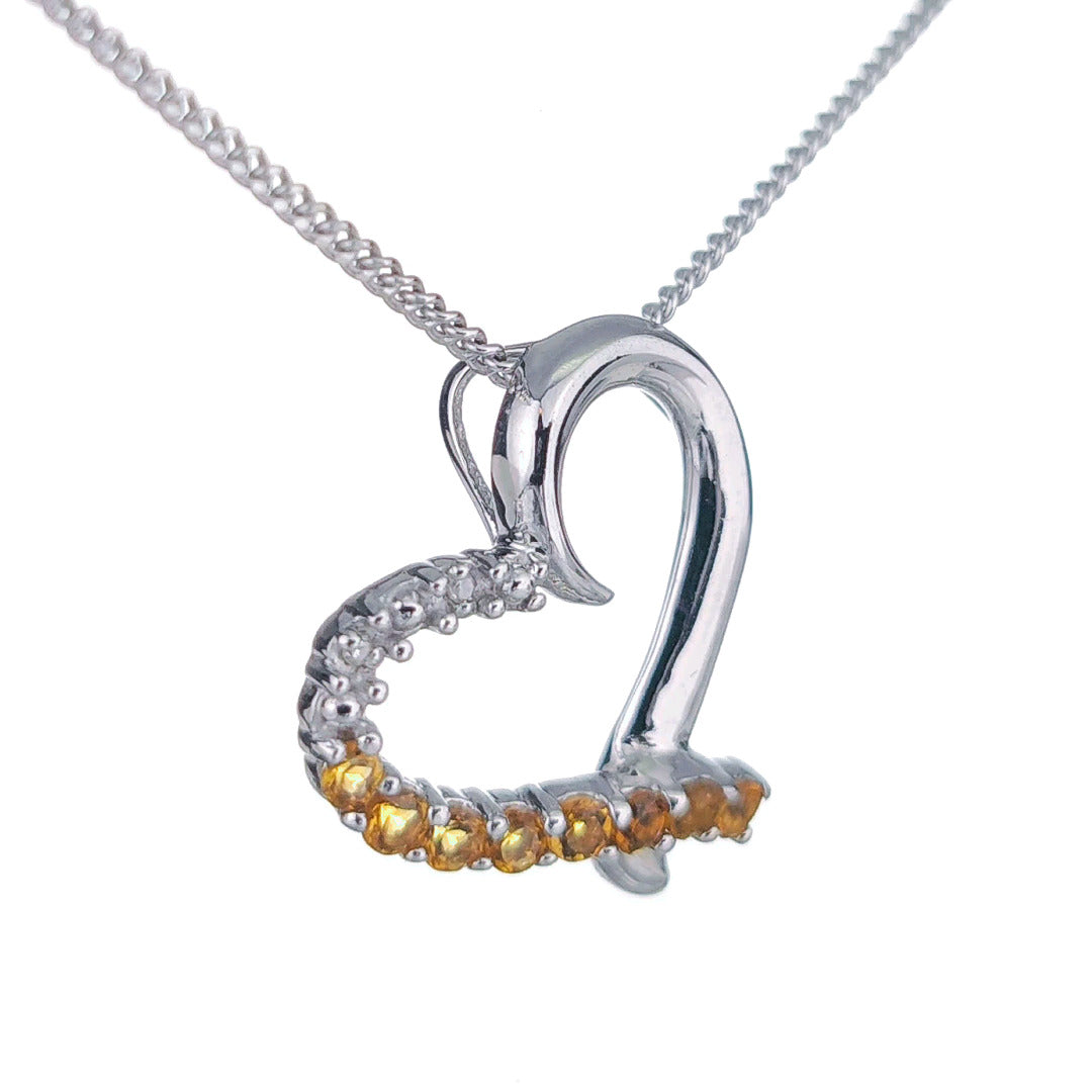 Citrine Necklace Diamond 0.32ct Heart Pendant Sterling Silver November Birthstone