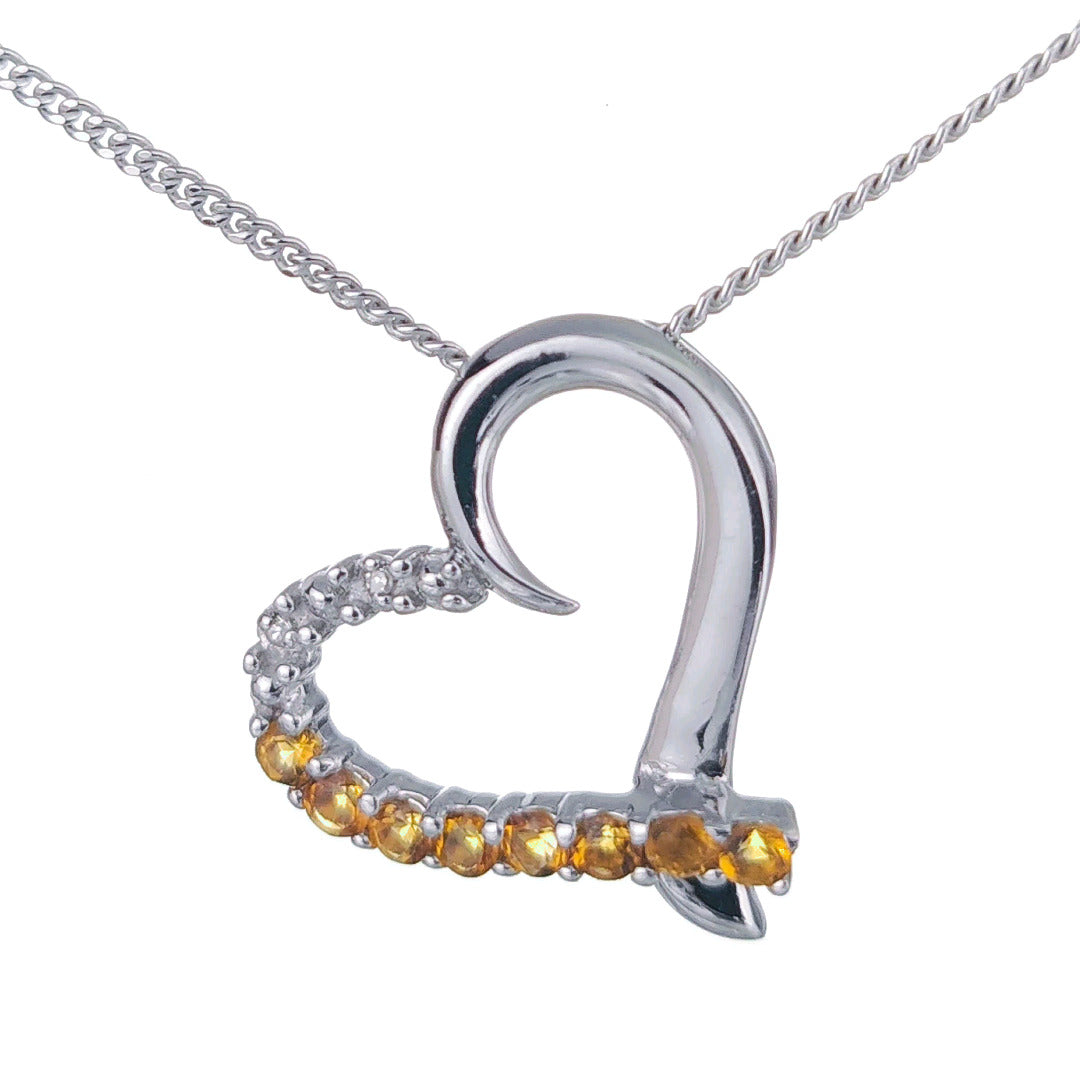 Citrine Necklace Diamond 0.32ct Heart Pendant Sterling Silver November Birthstone