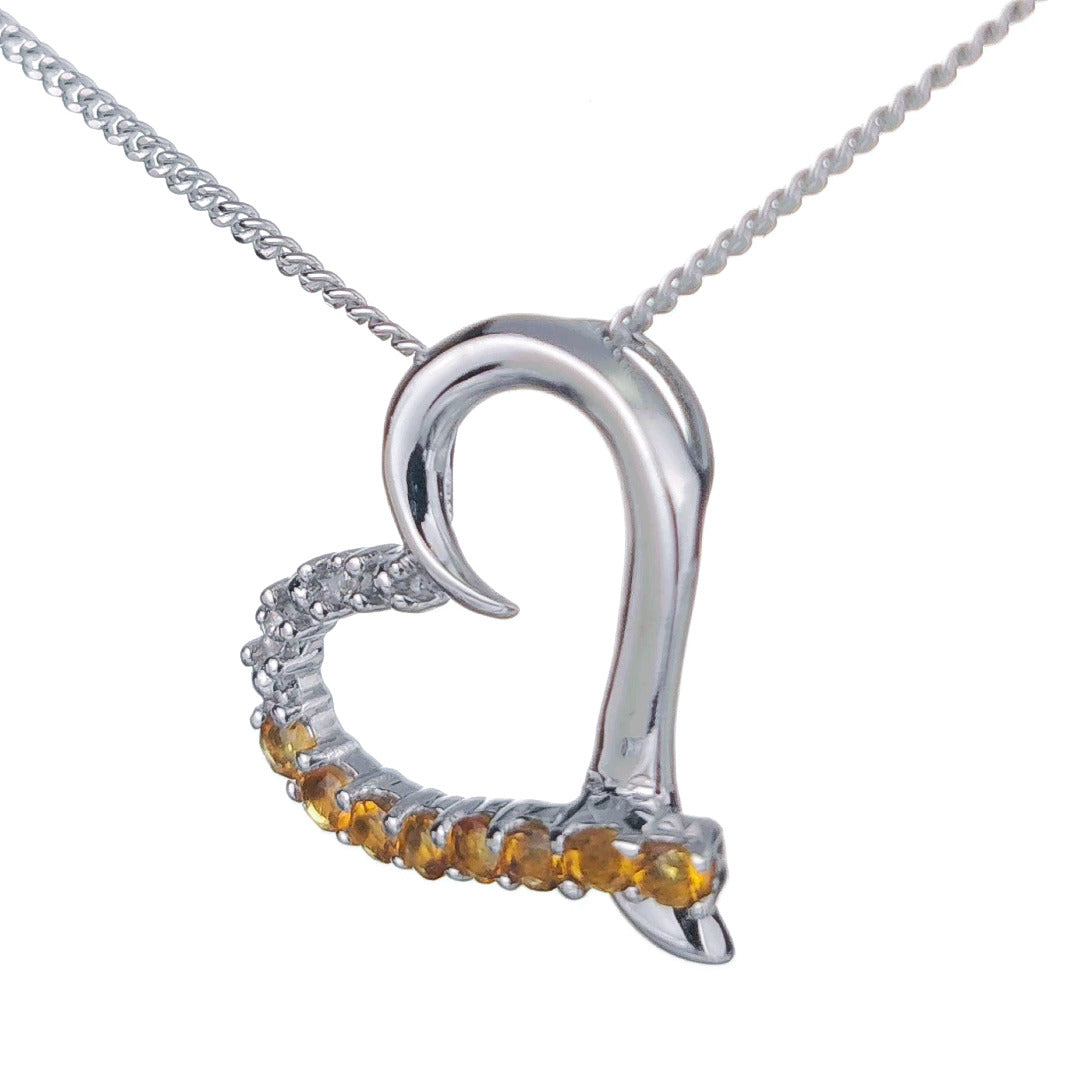 Citrine Necklace Diamond 0.32ct Heart Pendant Sterling Silver November Birthstone