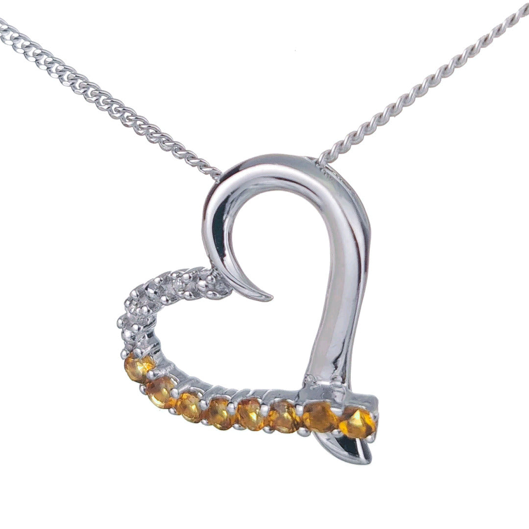 Citrine Necklace Diamond 0.32ct Heart Pendant Sterling Silver November Birthstone