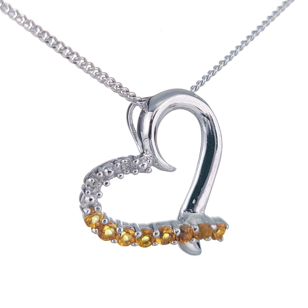 Citrine Necklace Diamond 0.32ct Heart Pendant Sterling Silver November Birthstone