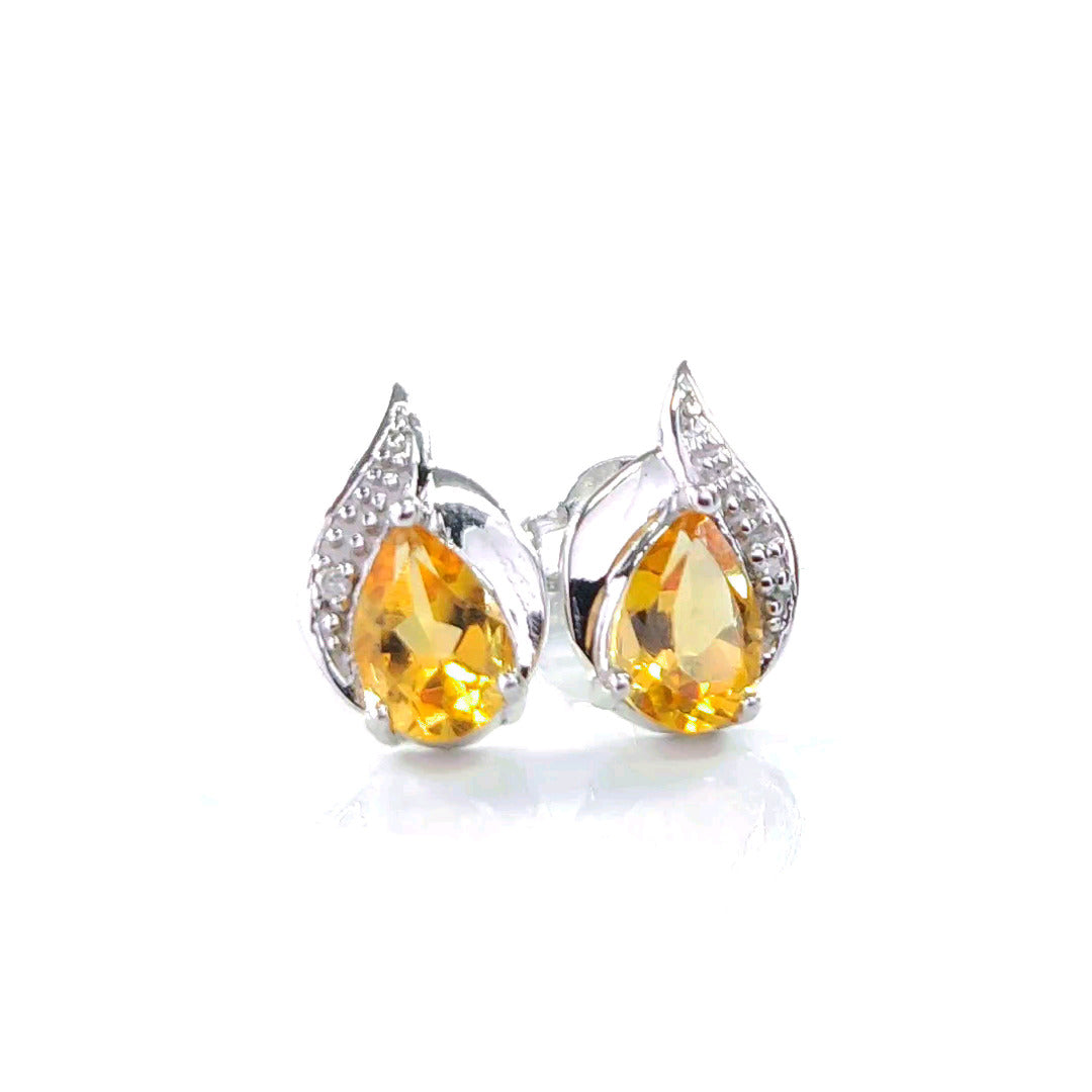 Citrine Earrings Diamond 0.7ct Pear Studs Sterling Silver November Birthstone