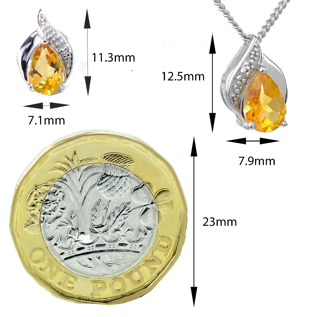 Citrine Necklace Earring Set Diamond 1.35ct Pear Sterling Silver November Birthstone