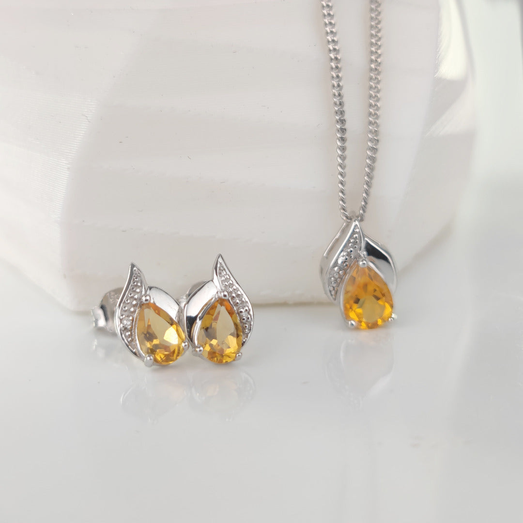 Citrine Necklace Earring Set Diamond 1.35ct Pear Sterling Silver November Birthstone