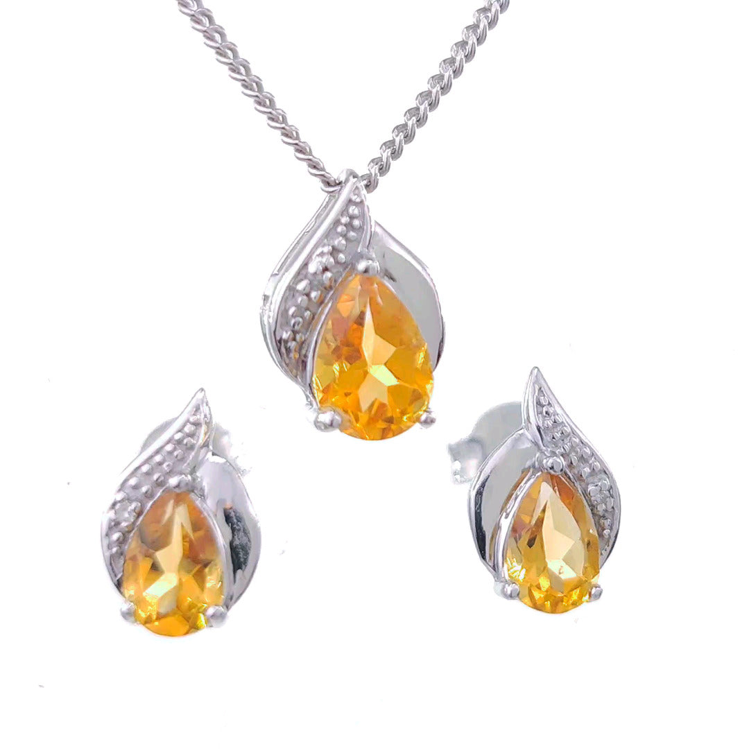 Citrine Necklace Earring Set Diamond 1.35ct Pear Sterling Silver November Birthstone