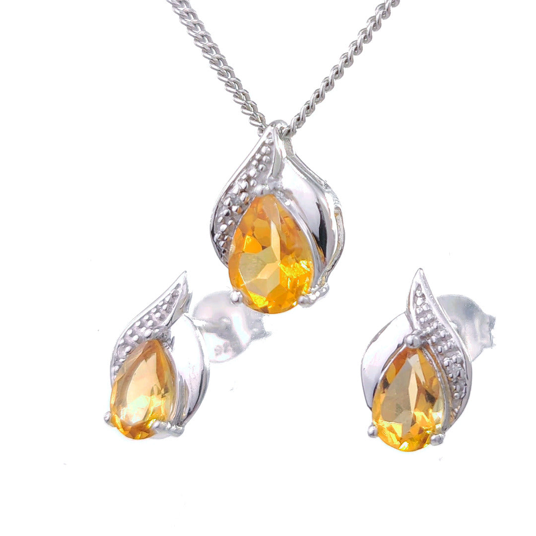 Citrine Necklace Earring Set Diamond 1.35ct Pear Sterling Silver November Birthstone