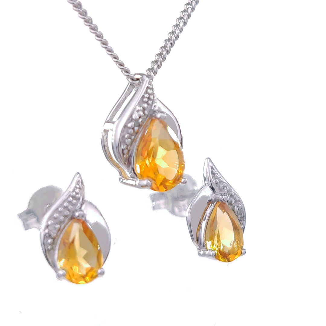 Citrine Necklace Earring Set Diamond 1.35ct Pear Sterling Silver November Birthstone