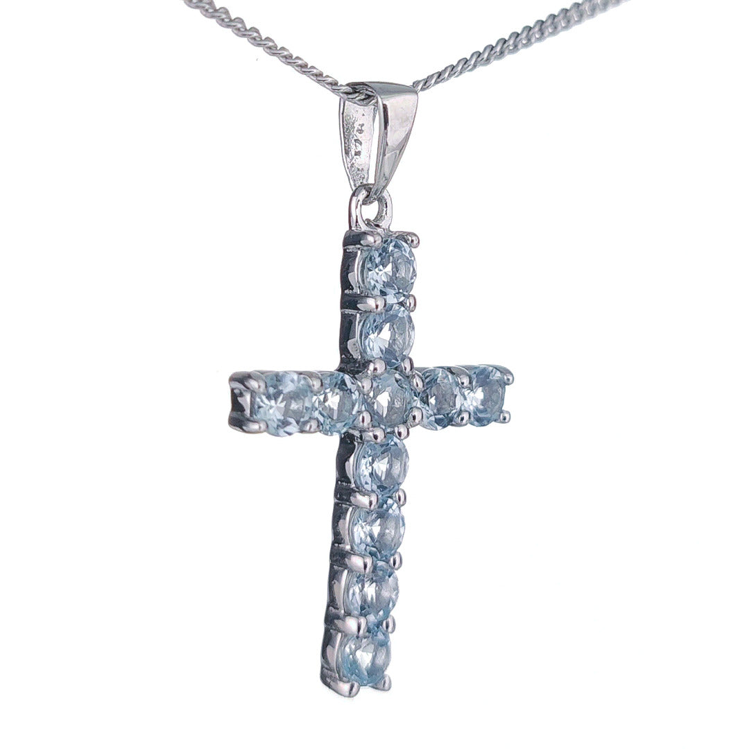 Topaz Necklace 1.21ct Blue Cross Pendant Silver December Birthstone