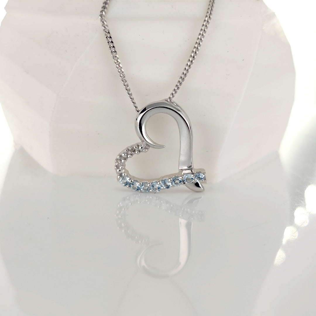 Topaz Necklace Diamond 0.32ct Heart Blue Pendant Sterling Silver December Birthstone