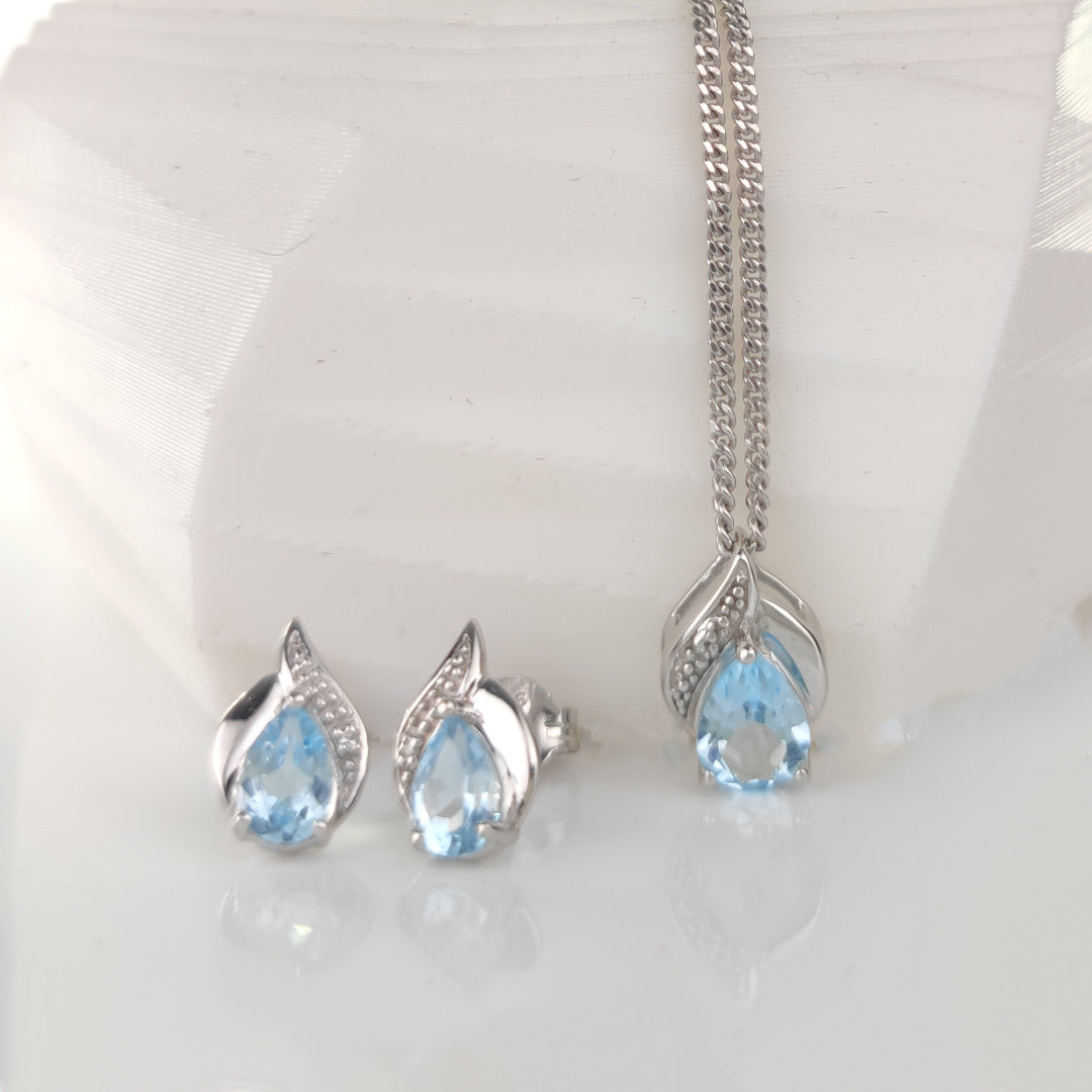 Topaz Necklace Earring Set Diamond 2ct Pear Sterling Silver December Birthstone