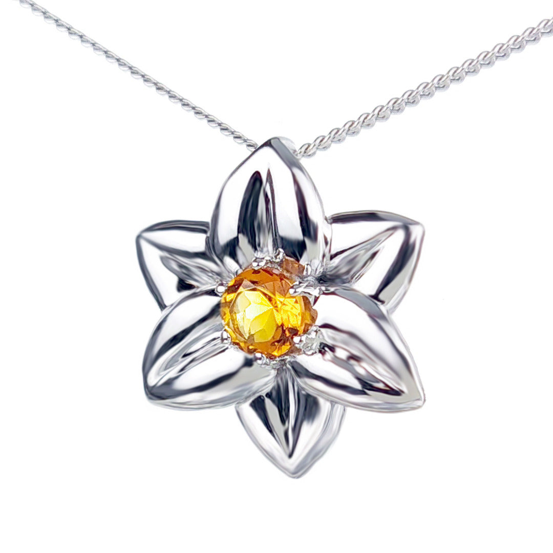 Citrine Necklace 0.4ct Yellow Daffodil Pendant Silver November Birthstone