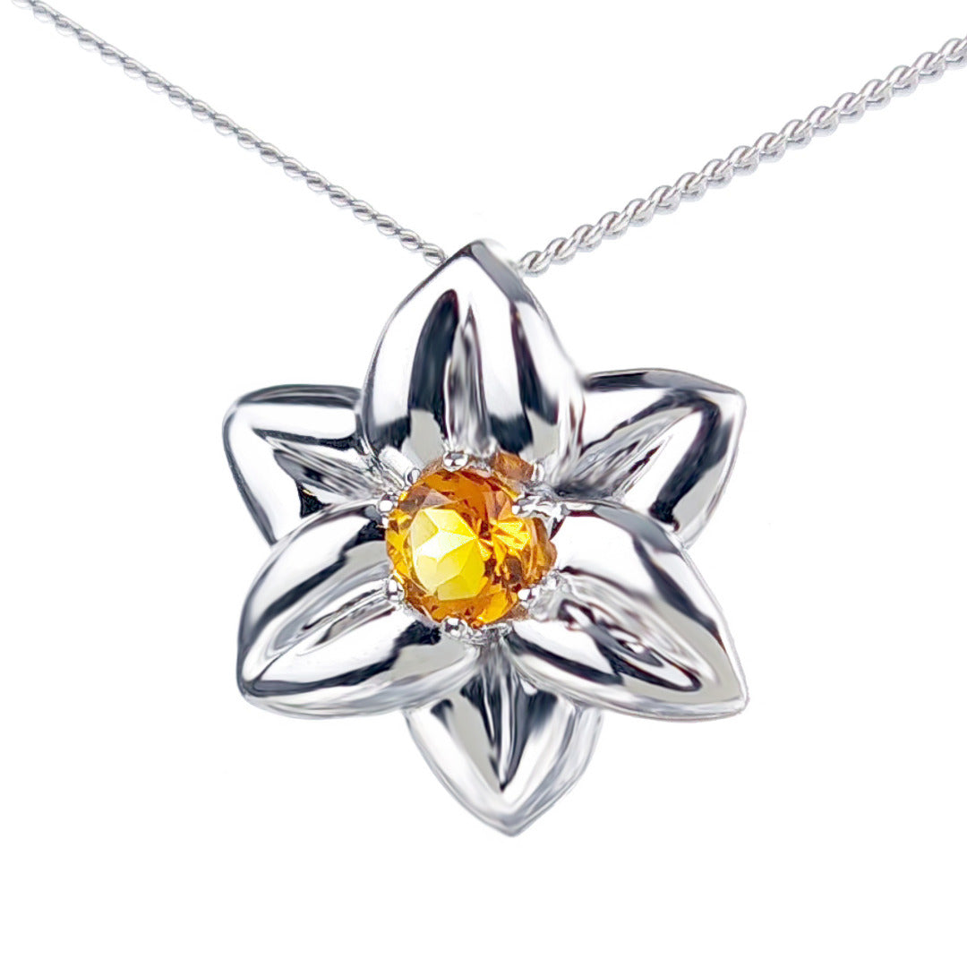 Citrine Necklace 0.4ct Yellow Daffodil Pendant Silver November Birthstone