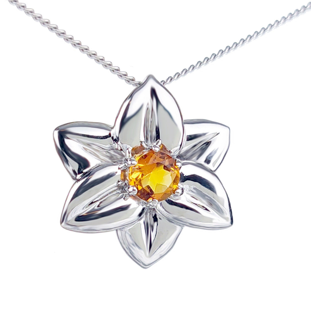 Citrine Necklace 0.4ct Yellow Daffodil Pendant Silver November Birthstone