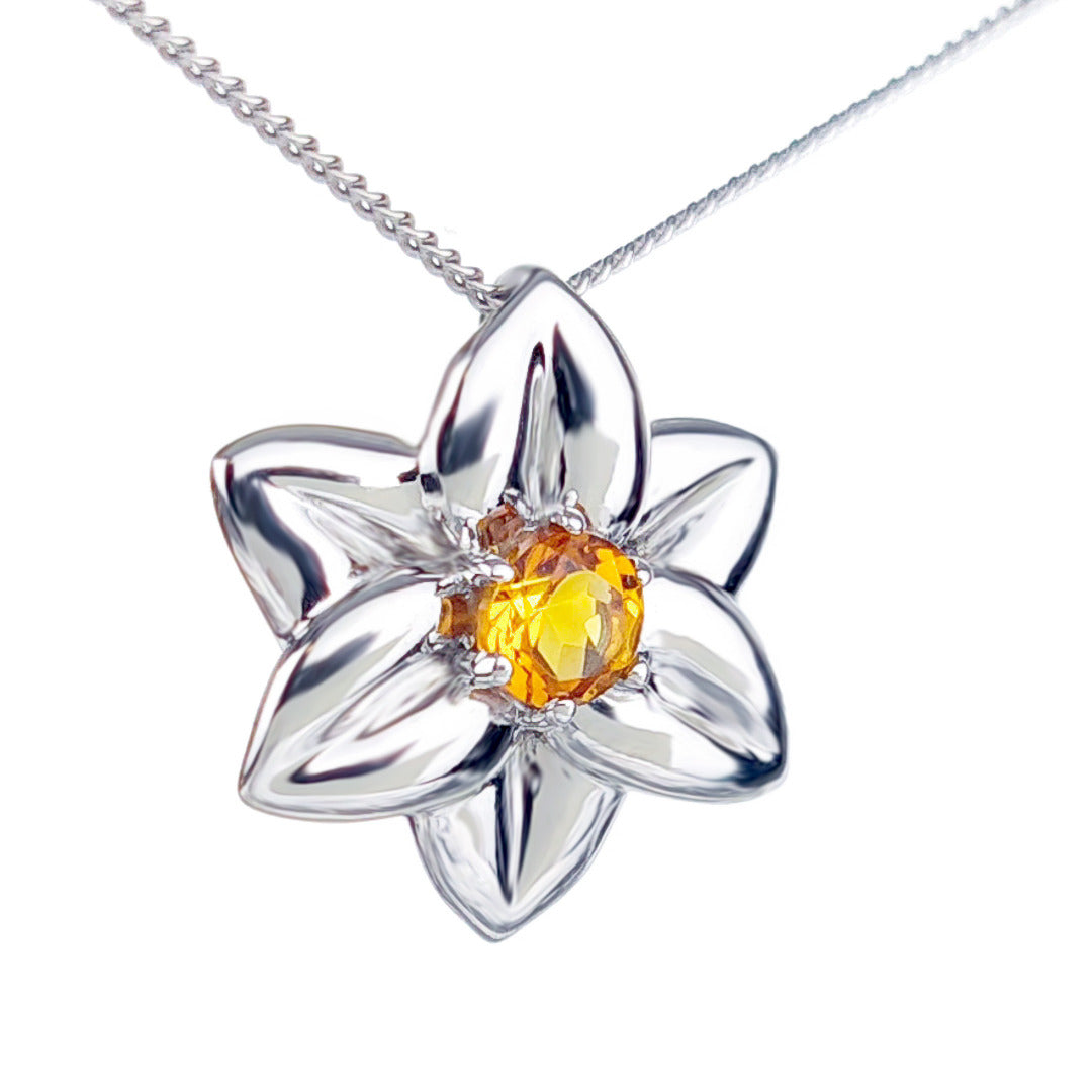 Citrine Necklace 0.4ct Yellow Daffodil Pendant Silver November Birthstone