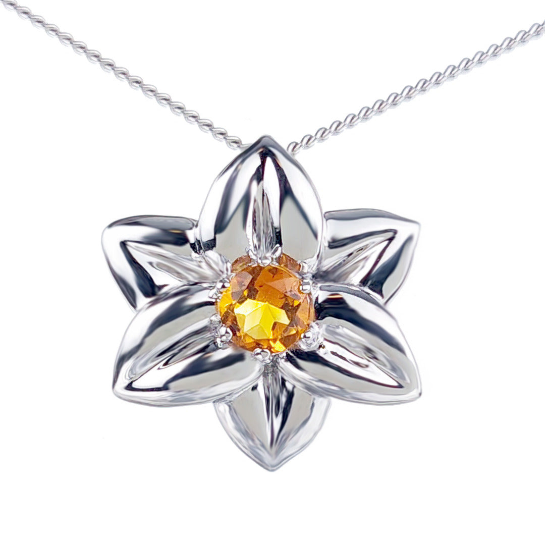 Citrine Necklace 0.4ct Yellow Daffodil Pendant Silver November Birthstone