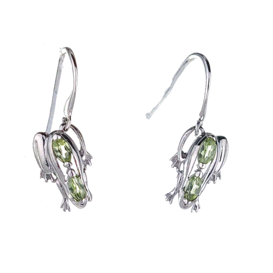 Sterling Silver Peridot Frog Earrings Green Dangle Hook August Birthstone