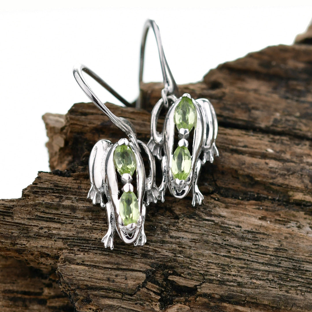 Sterling Silver Peridot Frog Earrings Green Dangle Hook August Birthstone