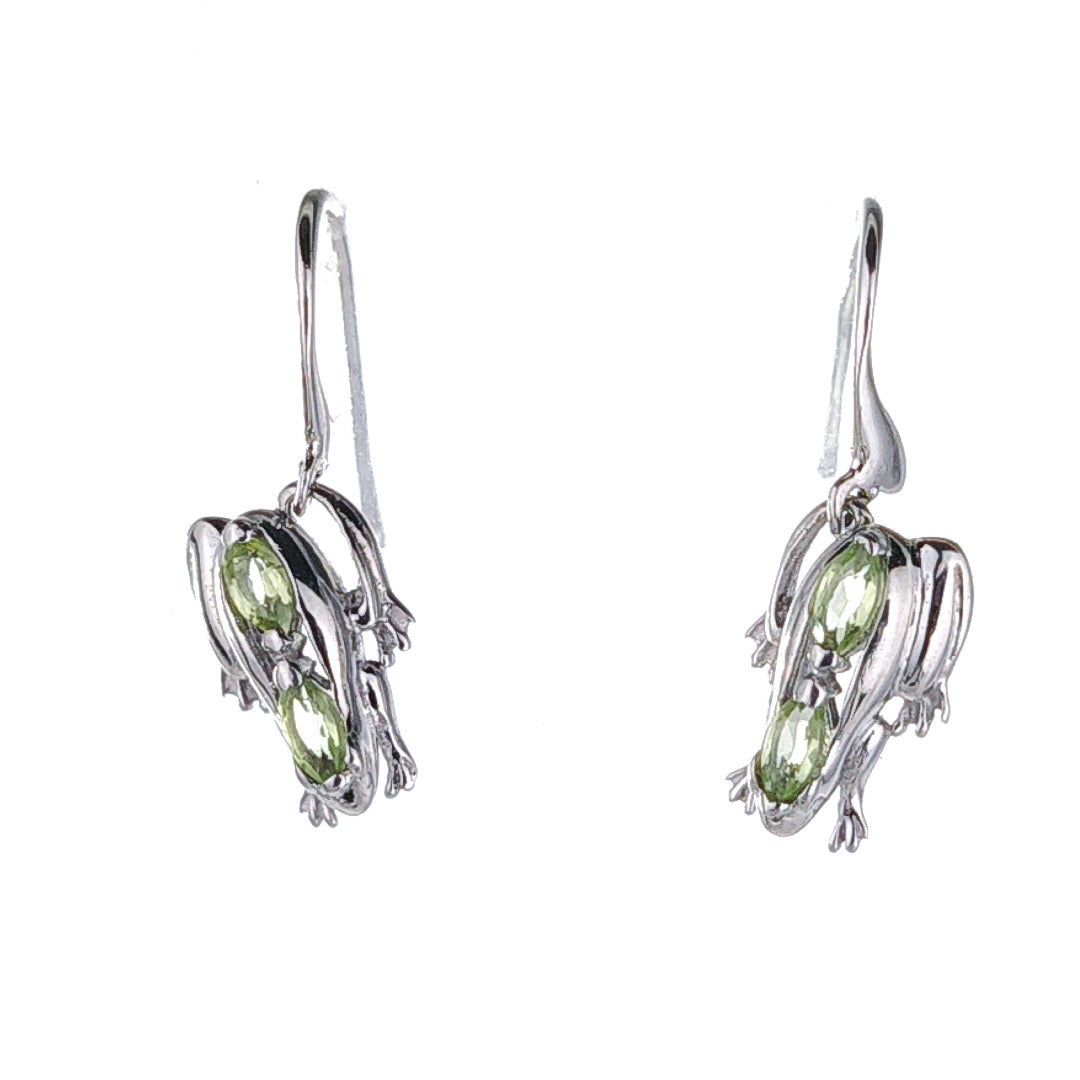 Sterling Silver Peridot Frog Earrings Green Dangle Hook August Birthstone