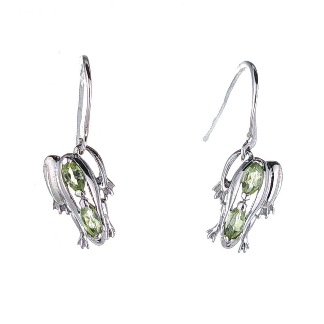 Sterling Silver Peridot Frog Earrings Green Dangle Hook August Birthstone