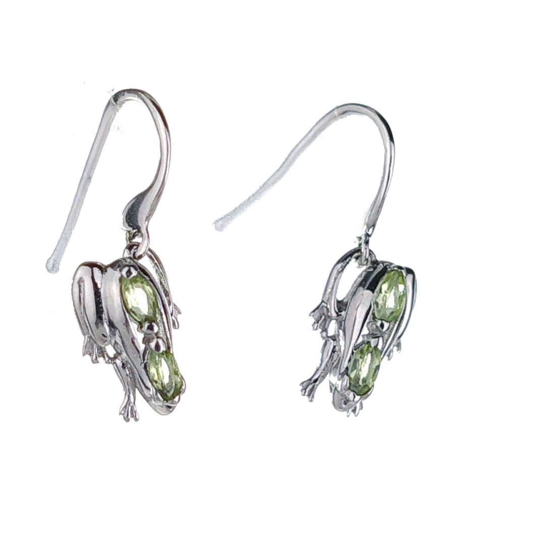 Sterling Silver Peridot Frog Earrings Green Dangle Hook August Birthstone