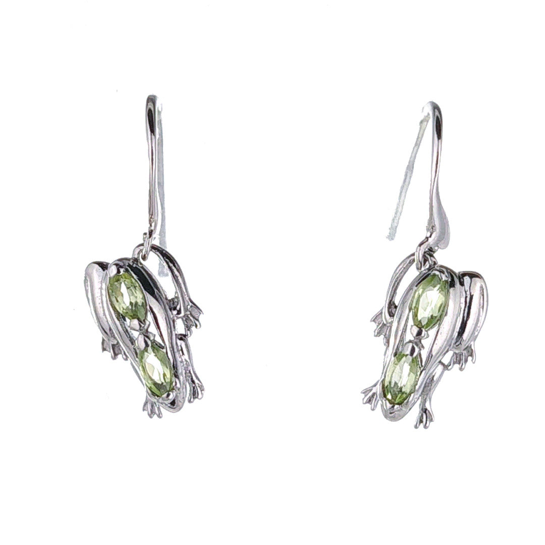 Sterling Silver Peridot Frog Earrings Green Dangle Hook August Birthstone