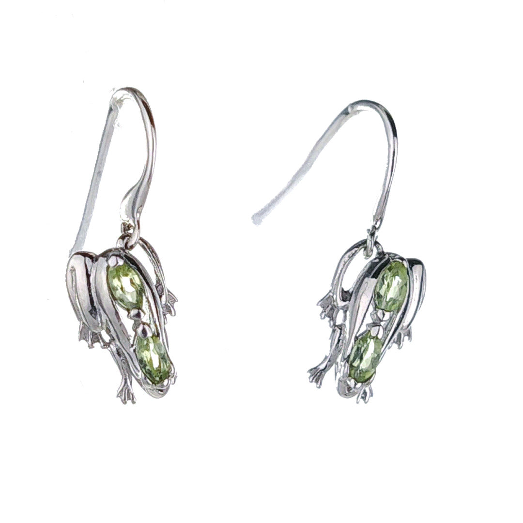 Sterling Silver Peridot Frog Earrings Green Dangle Hook August Birthstone