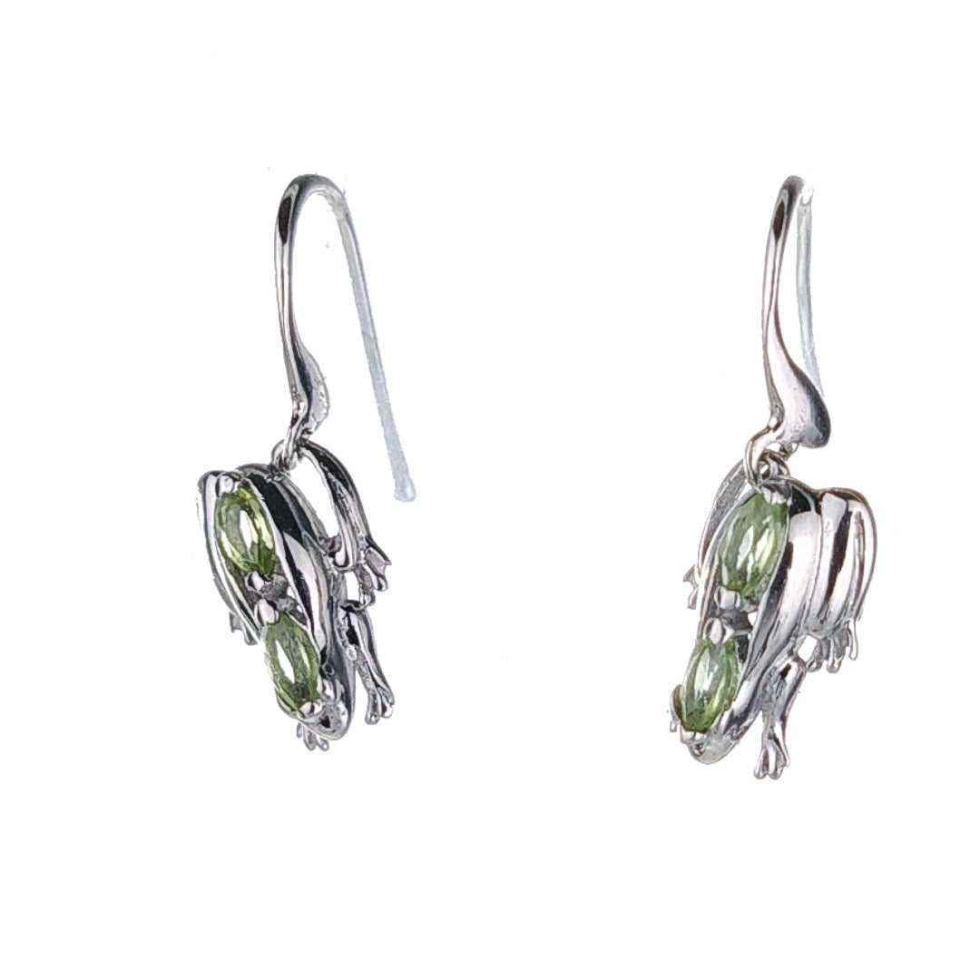 Sterling Silver Peridot Frog Earrings Green Dangle Hook August Birthstone