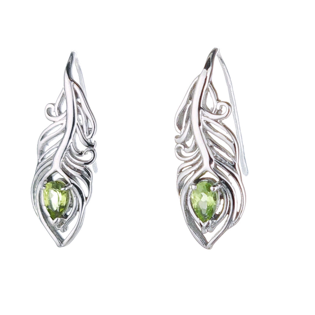 Peridot Peacock Feather Earrings Sterling Silver