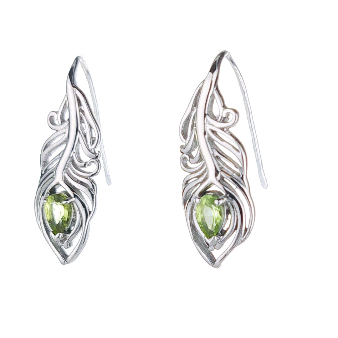 Peridot Peacock Feather Earrings Sterling Silver