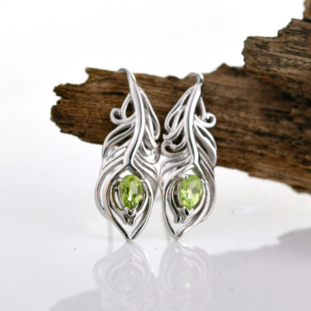 Peridot Peacock Feather Earrings Sterling Silver