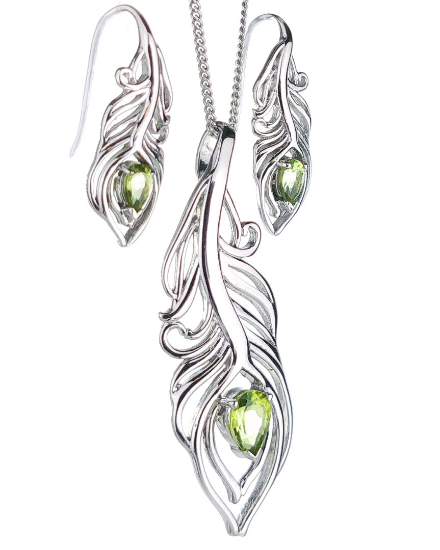 Peridot Peacock Feather Necklace Earring Set