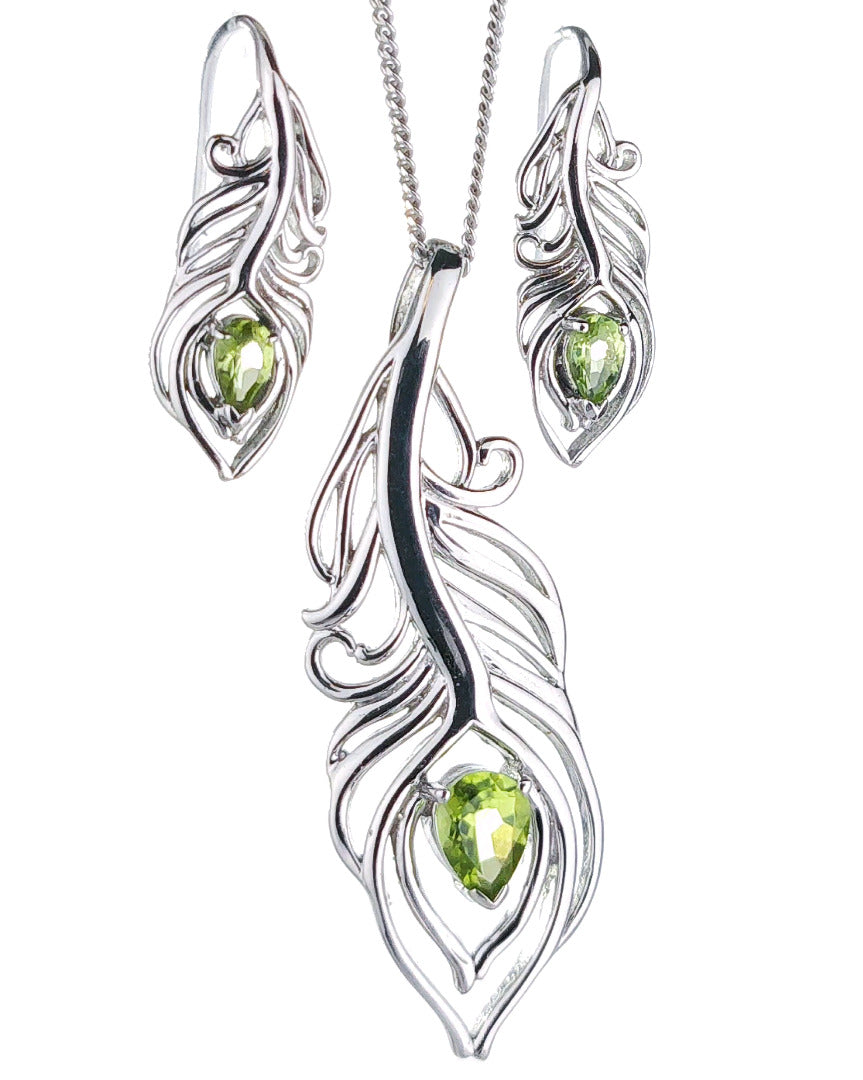 Peridot Peacock Feather Necklace Earring Set