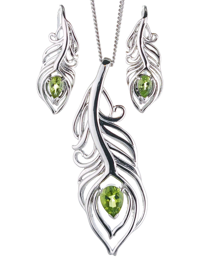 Peridot Peacock Feather Necklace Earring Set