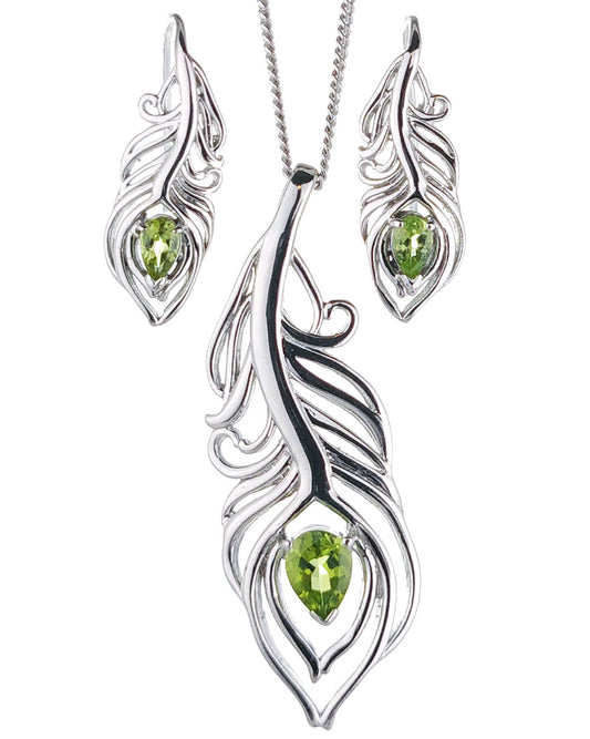 Peridot Peacock Feather Necklace Earring Set