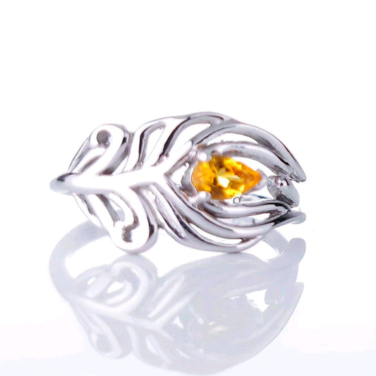 Sterling Silver Citrine Ring Size J-T Adjustable Yellow Peacock Feather November Birthstone