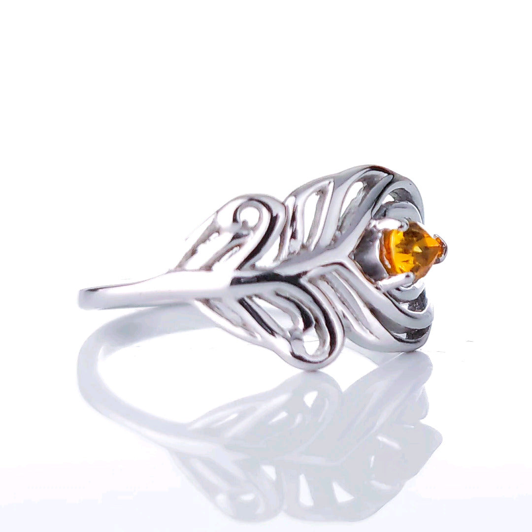 Sterling Silver Citrine Ring Size J-T Adjustable Yellow Peacock Feather November Birthstone