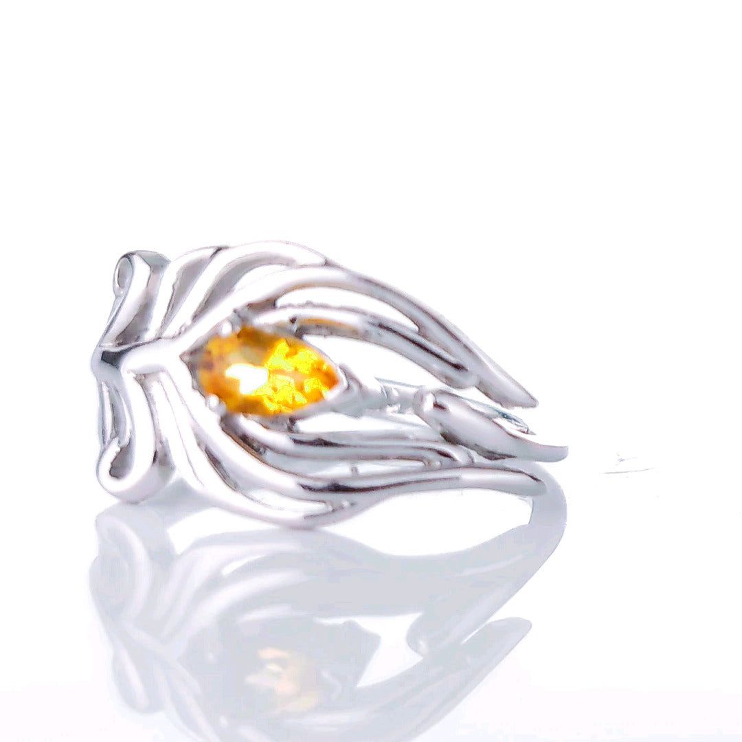 Sterling Silver Citrine Ring Size J-T Adjustable Yellow Peacock Feather November Birthstone