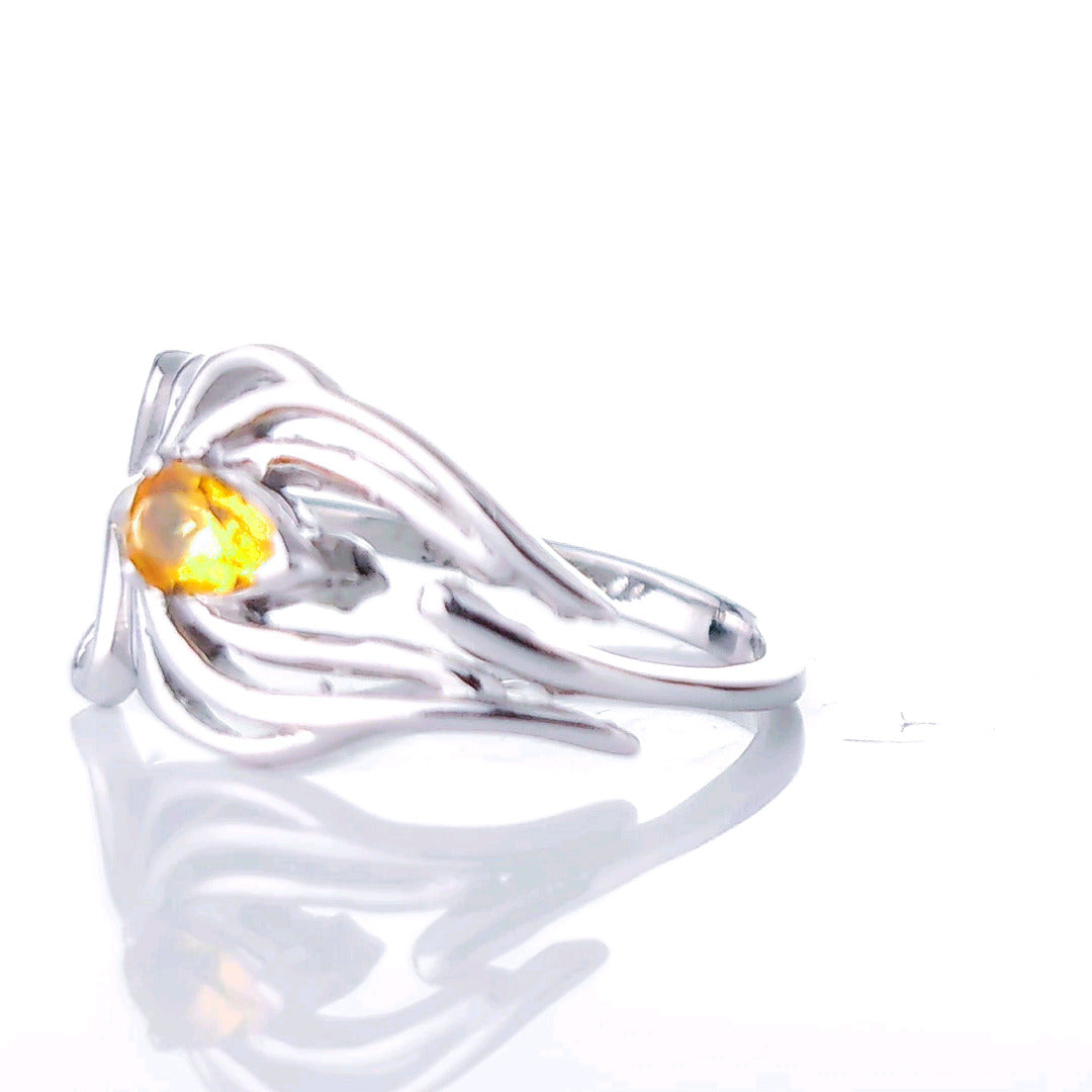 Sterling Silver Citrine Ring Size J-T Adjustable Yellow Peacock Feather November Birthstone