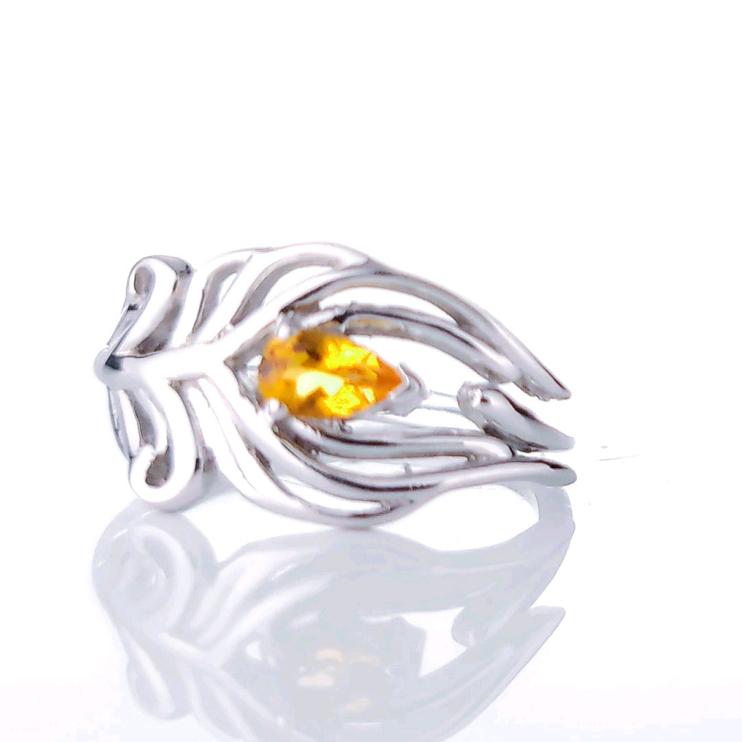 Sterling Silver Citrine Ring Size J-T Adjustable Yellow Peacock Feather November Birthstone